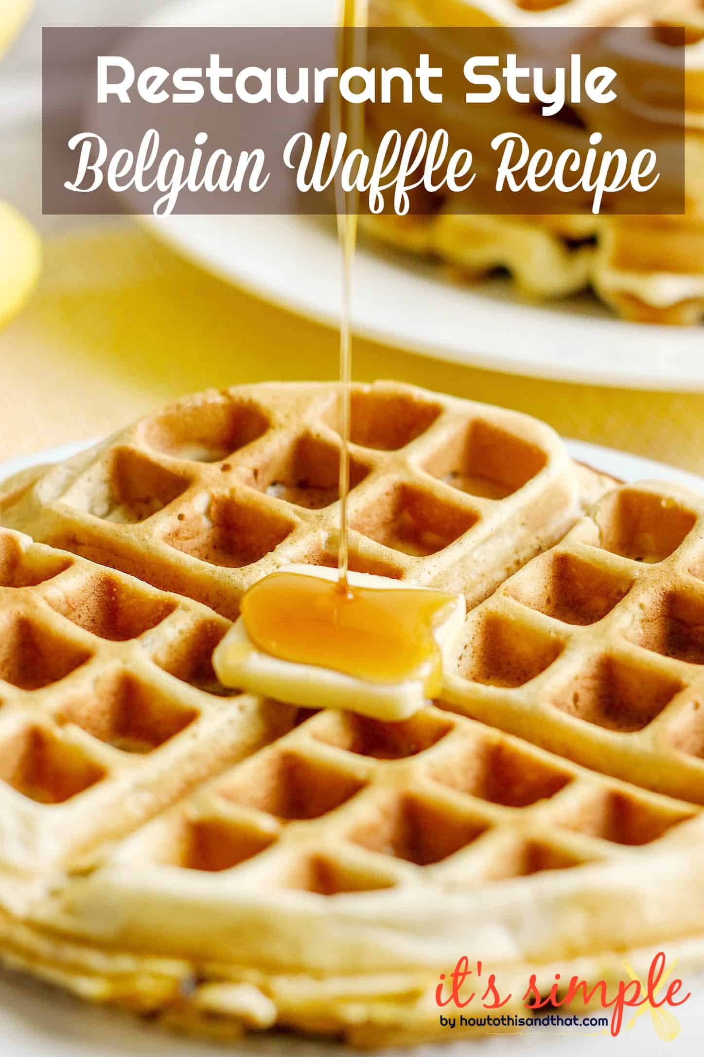 belgian waffles with syrup pouring on them.