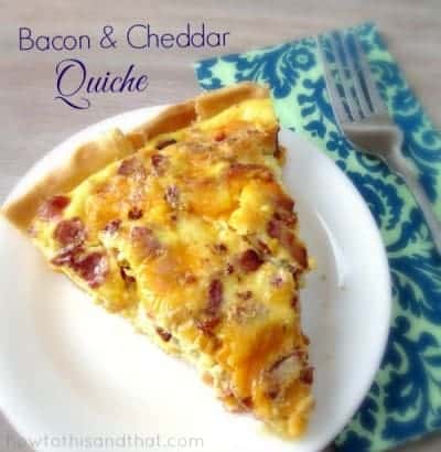 bacon cheddar quiche pie on plate. 