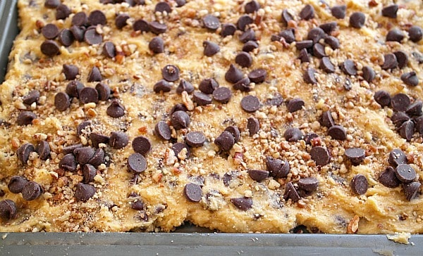 chocolate chip cookie bars in pan. 