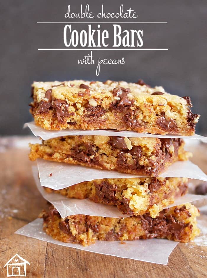 chocolate chip cookie bars cut into squares and stacked. 