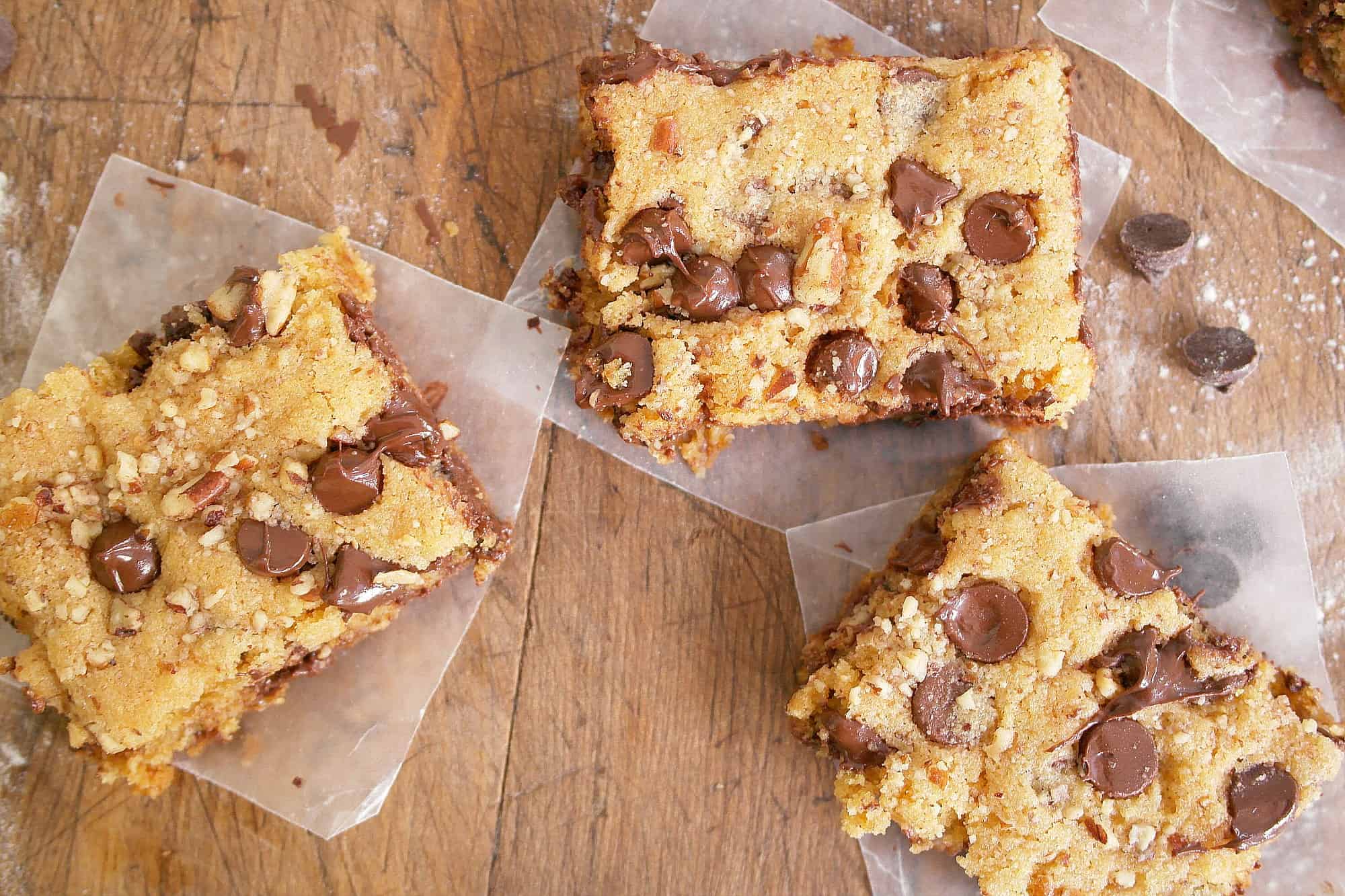 chocolate cookie bars cut into squares.