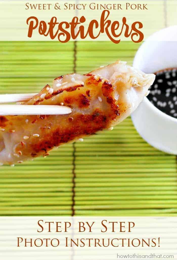 chinese potsticker being dipped in sauce with chopsticks. 