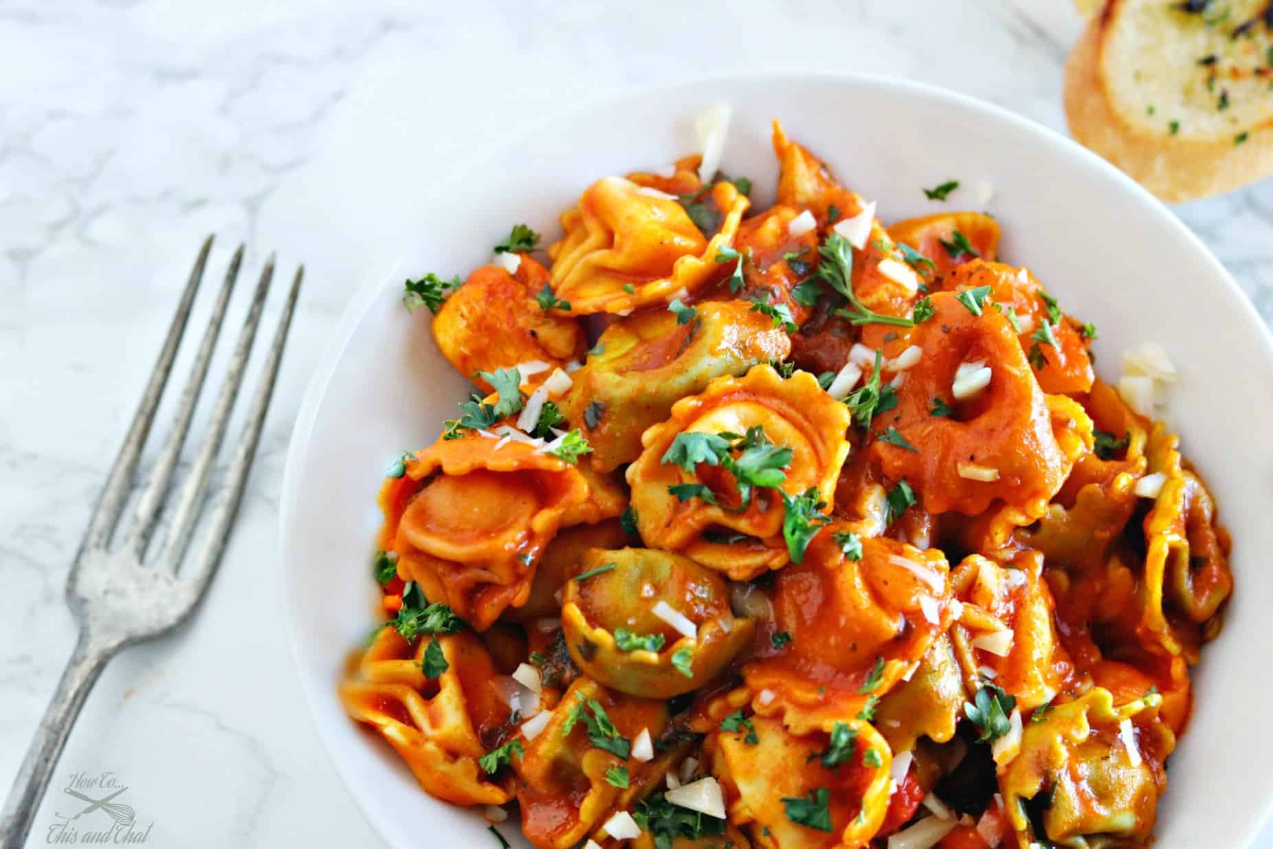 chicken and cheese tortellini in fire roasted red pepper sauce.