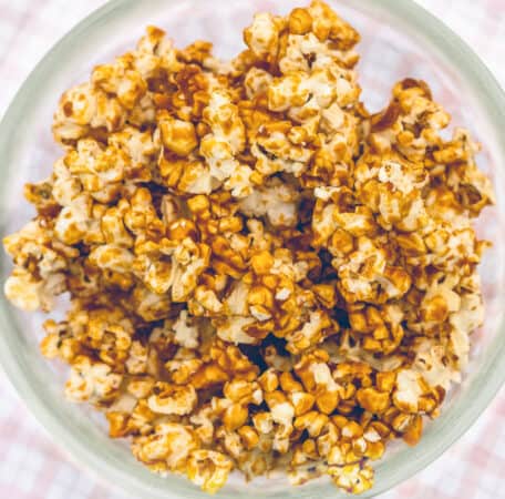 sugar free caramel popcorn in a bowl. 