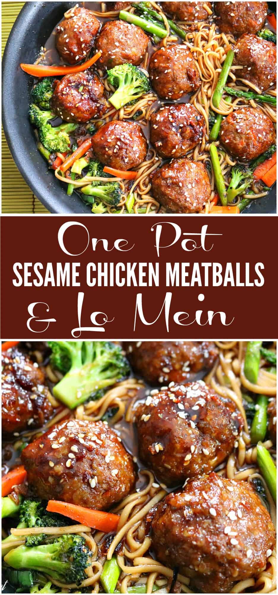 a skillet of sesame chicken meatballs and lo mein. 