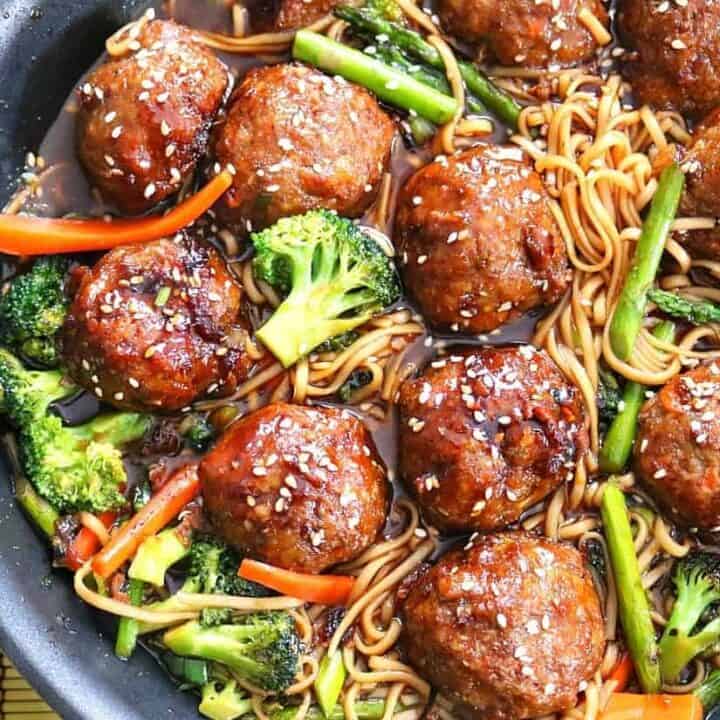 One Pot Sesame Chicken Meatballs & Lo Mein