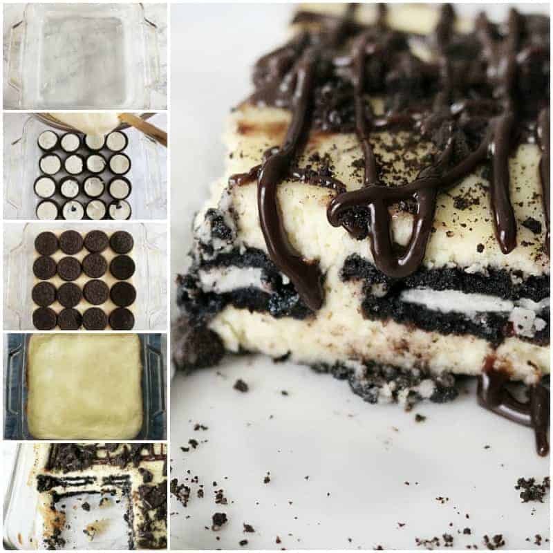 Oreo Cheesecake Layered Bars in a square pan.