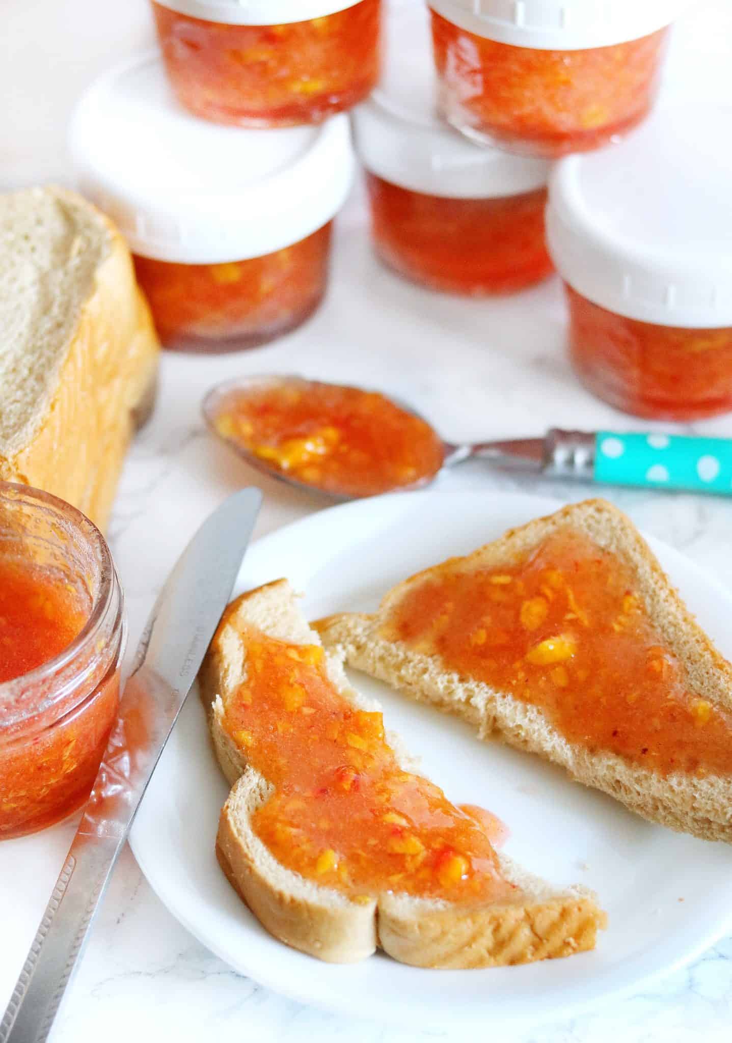 peach jam spread on toast.