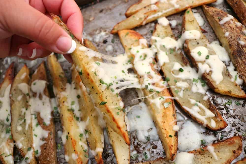 russet slices on sheet pan. 