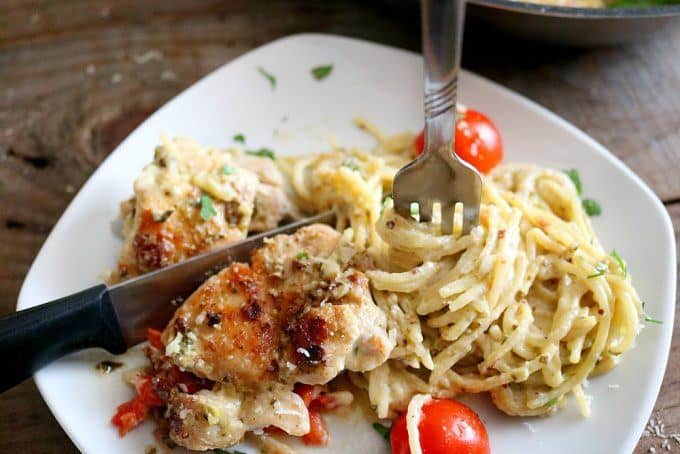 Caprese Chicken Recipe With Pasta, ONE Skillet Cheesy Pesto