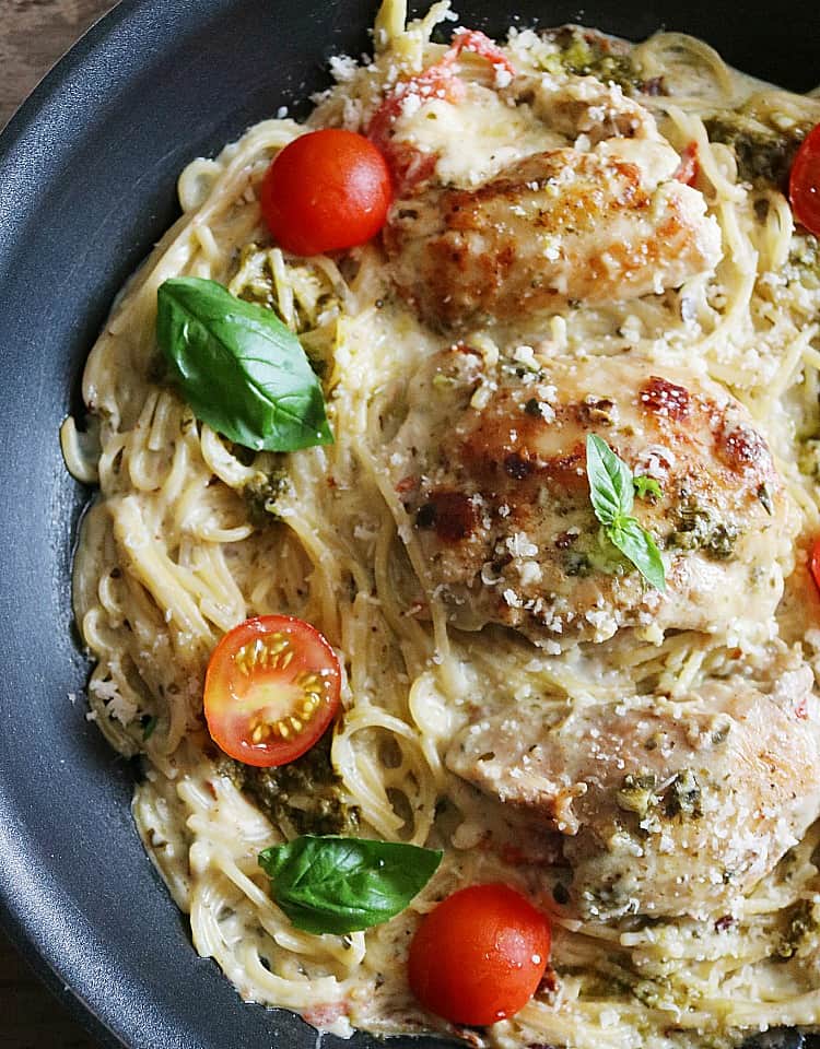 caprese chicken recipe of pan seared sauteed chicken thighs and one pot pasta.