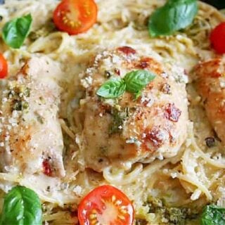 chicken and pasta in a skillet.