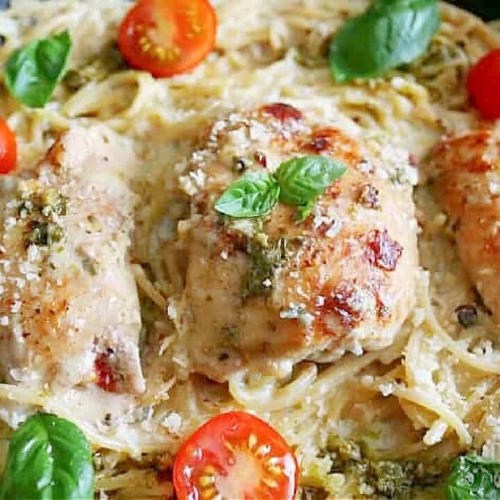 chicken and pasta in a skillet.