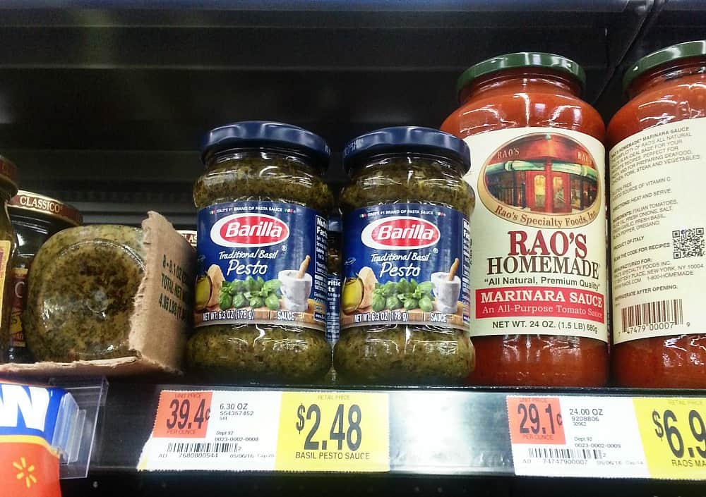sauces on grocery store shelf.