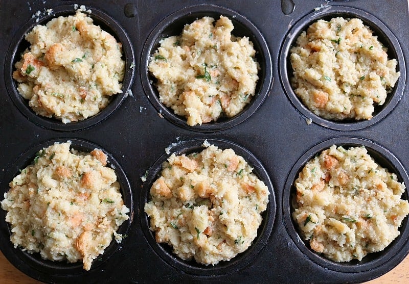 a muffin tin full of stuffing. 