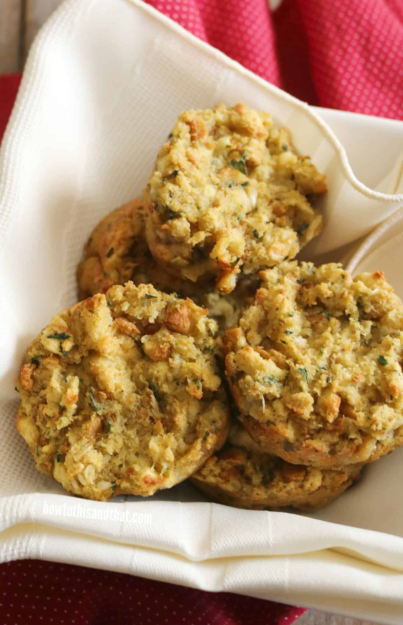 white napkin basket of stuffin muffin.