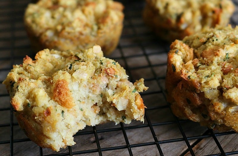 stuffing muffins on a wire rack.