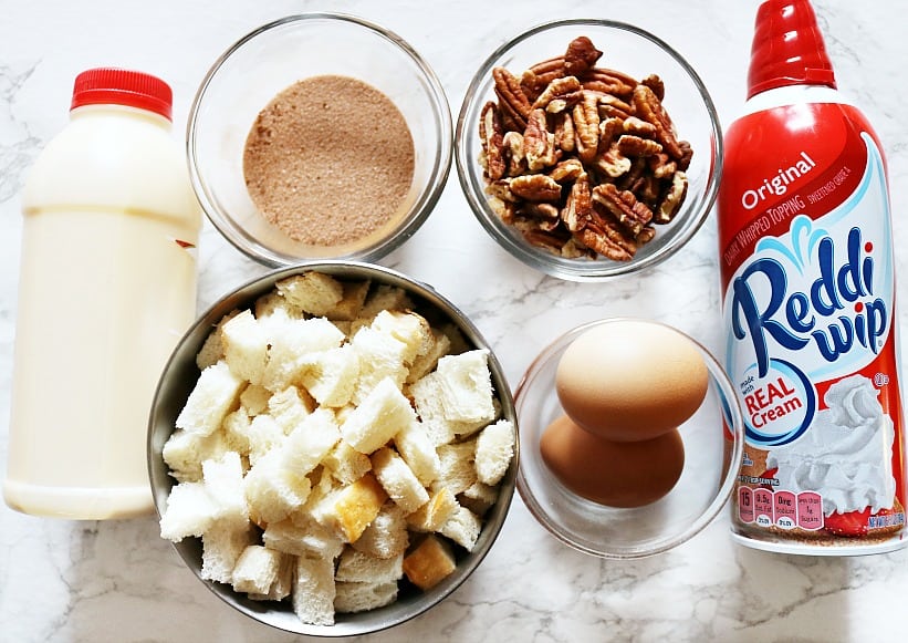 ingredients for eggnog bread pudding. 