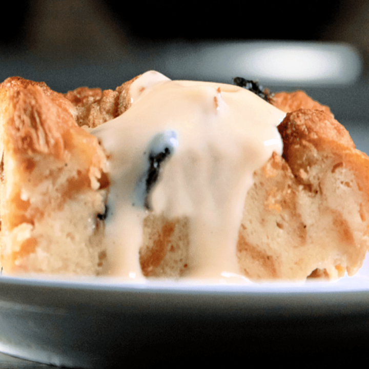 old fashioned bread pudding with condensed milk vanilla sauce.