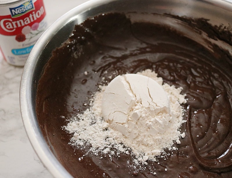 cake mix with flour in bowl. 