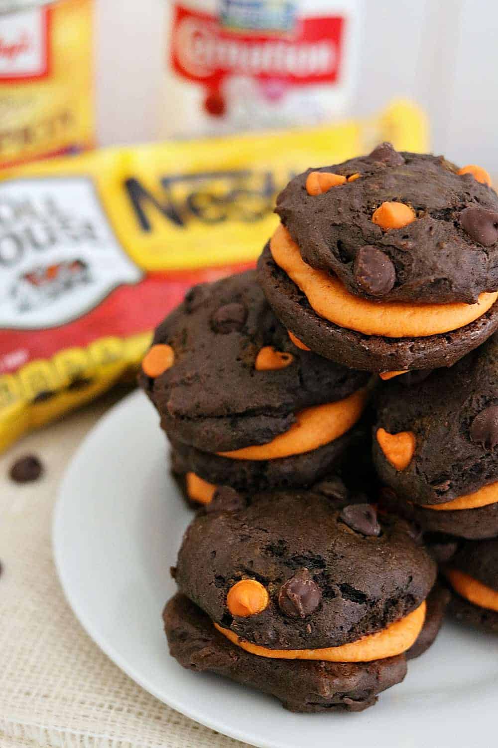 stack of pumpkin chocolate chip whoopie pies maine style. 