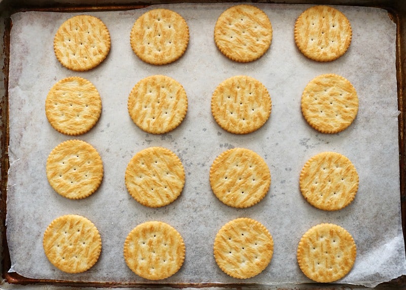 ritz crackers on sheet pan. 