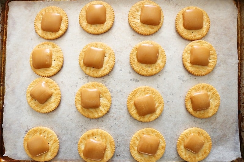 caramel melted on crackers for chocolate cookies. 