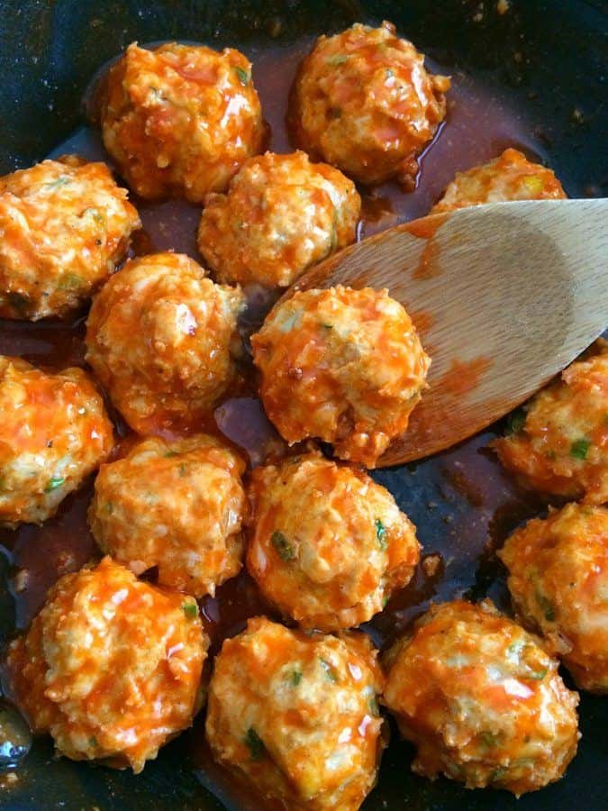 chicken meatballs smothered in buffalo sauce.