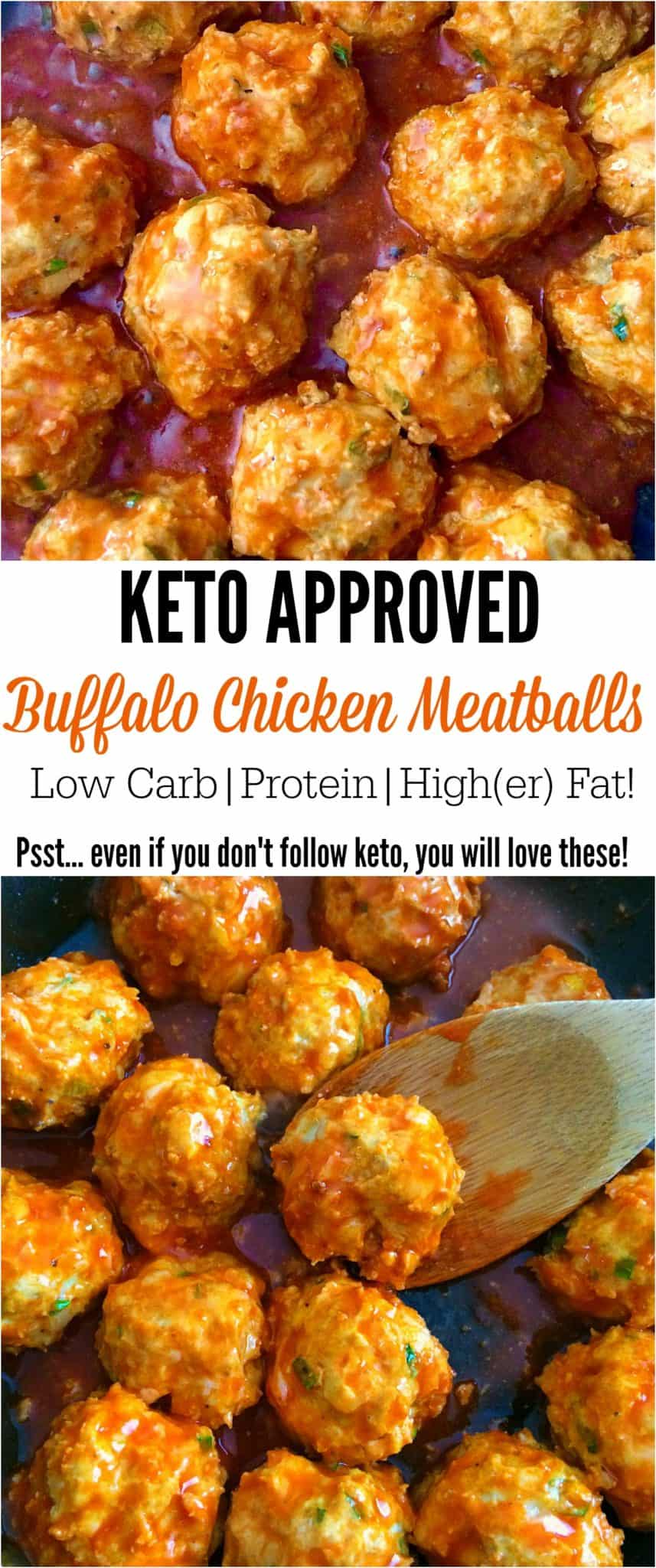 keto buffalo chicken meatballs in a collage with a spoon.