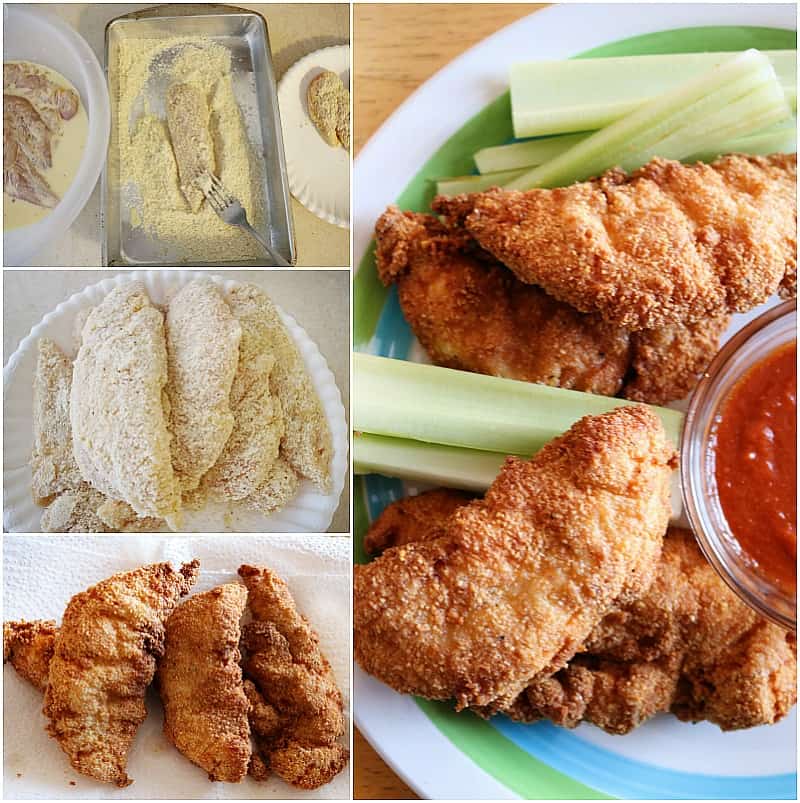 chicken breast strips cut and being coated for gluten free chicken tenders.