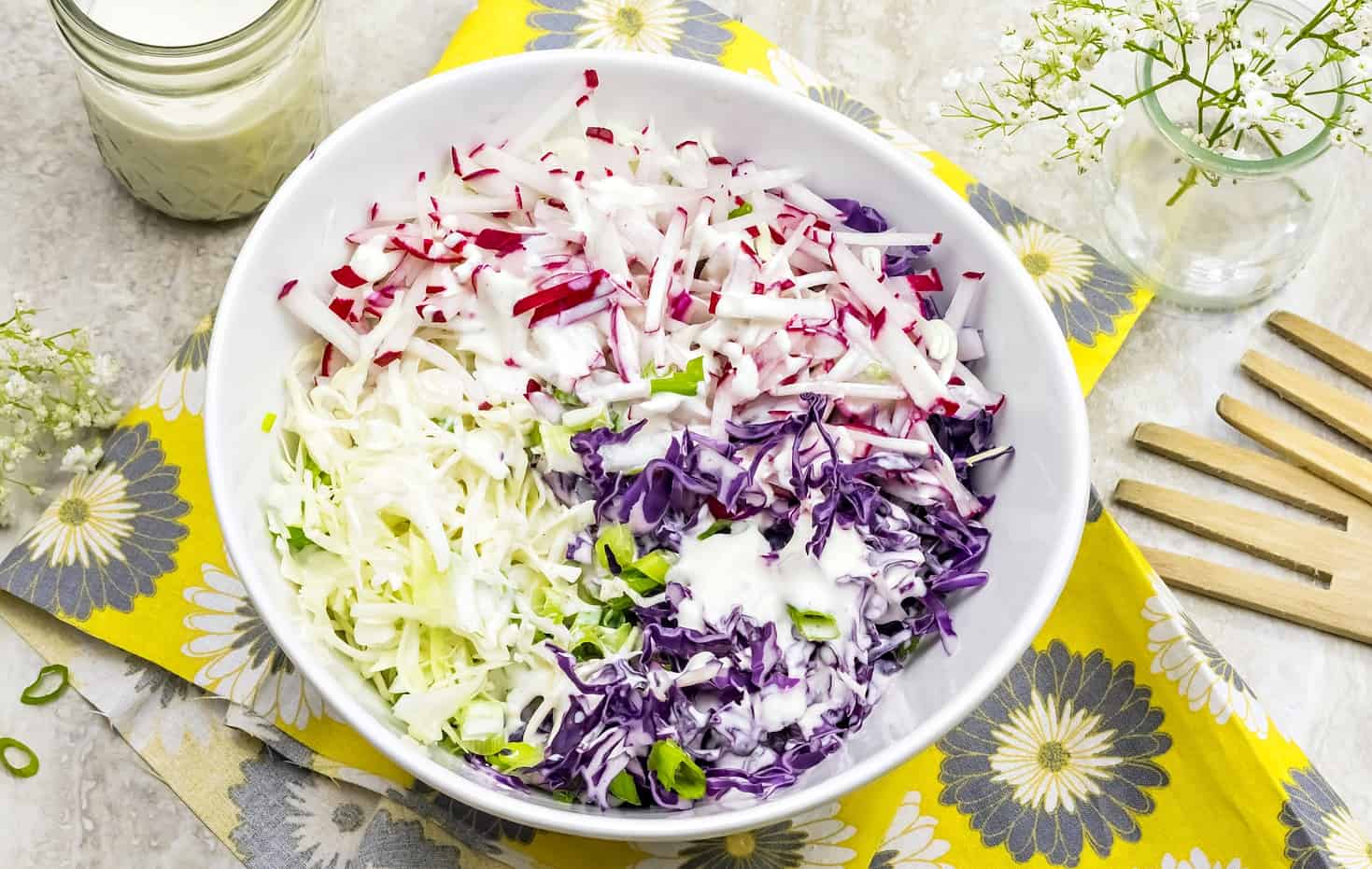 bowl of veggies for homemade low carb cole slaw.