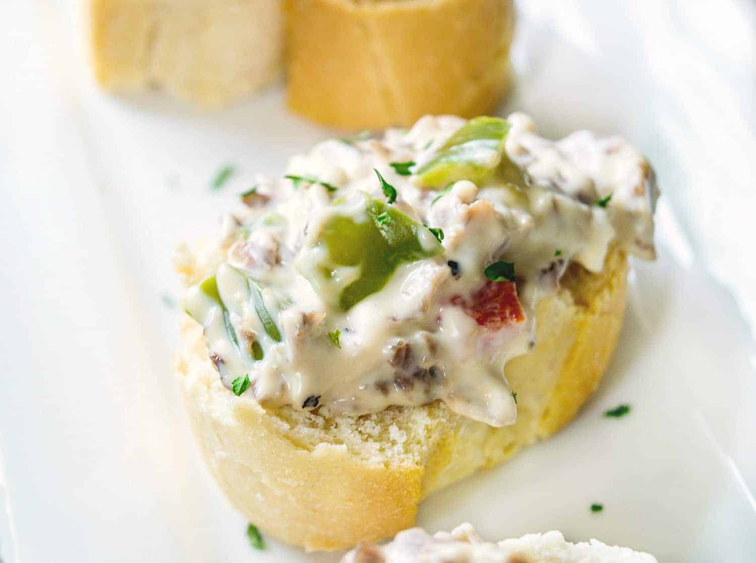 Philly Steak And Cheese Crostini Appetizer recipe on plate. 