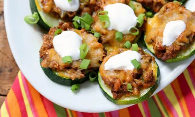 zucchini slices topped with taco beef and sour cream.