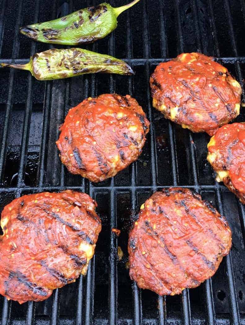 keto sloppy joes burgers on grill with poblano pepper
