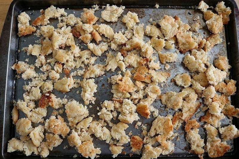 Bread crumbles on baking sheet for keto dressing recipe