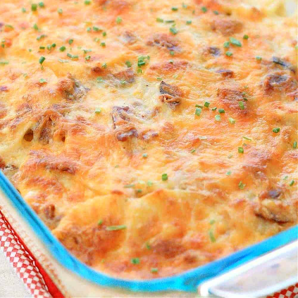 cheese topped golden casserole in dish.