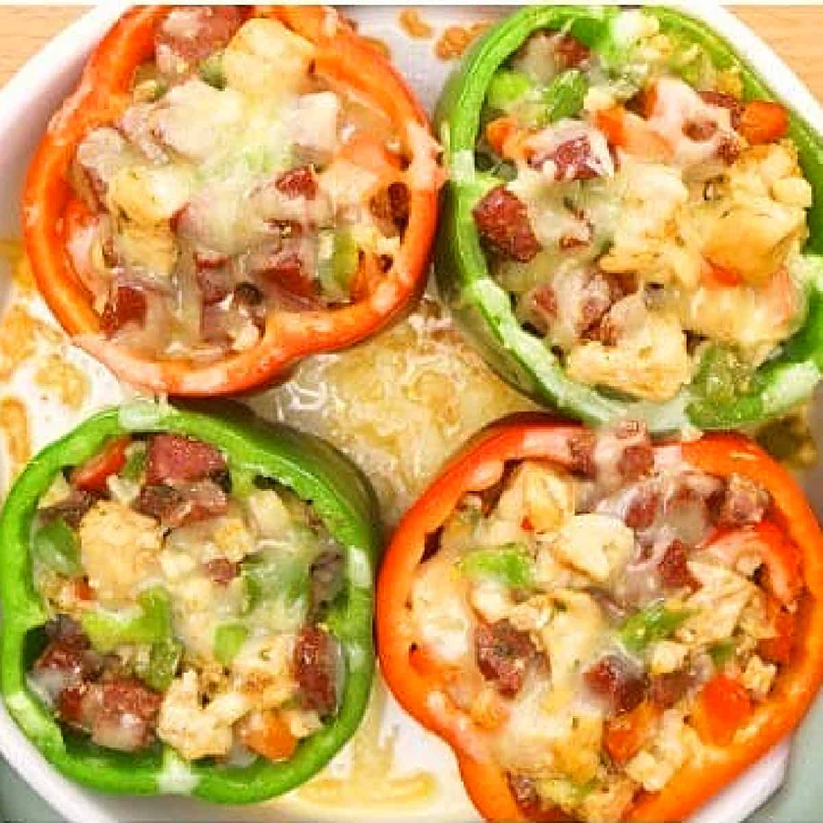 red and green bell stuffed peppers in dish.