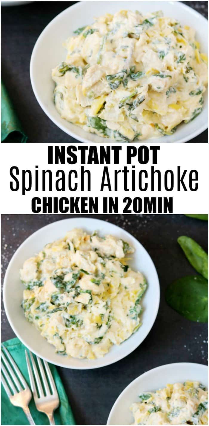 Chicken, spinach, and artichoke casserole in white bowl