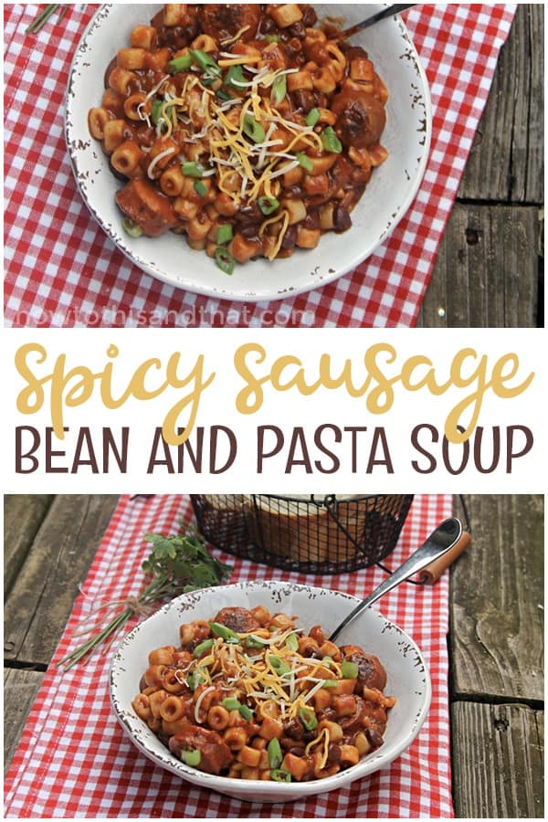 This spicy sausage, bean and pasta soup is the PERFECT weeknight dinner! It's so easy to make and is full of savory spicy delicious flavor! If you're looking for a delicious bean and sausage soup slow cooker recipe - this is the one!