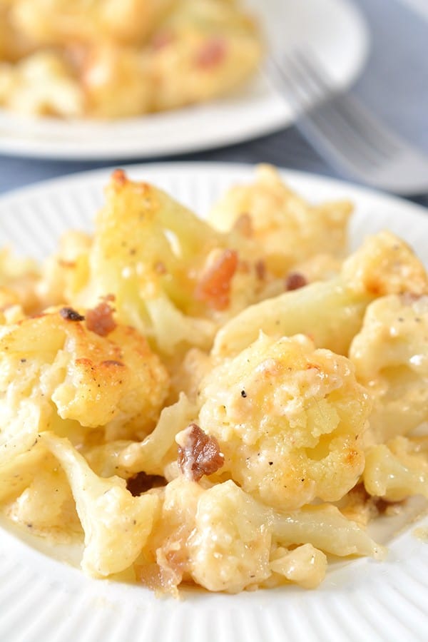 cheesy cauliflower on plate. 