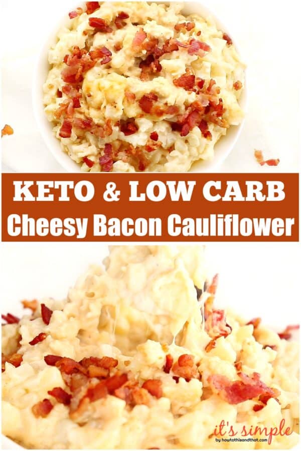a bowl of low carb cauliflower mac with bacon on top. 
