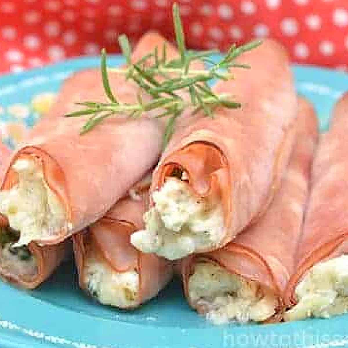 rolled up ham on a plate.