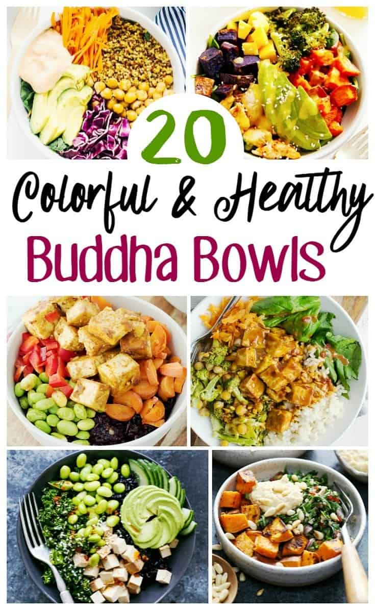 bowls full of healthy foods like chick peas, tomato and avocado called buddha bowl recipes.