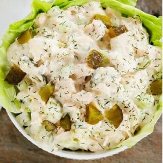 scoop of dill pickle chicken salad in bowl.