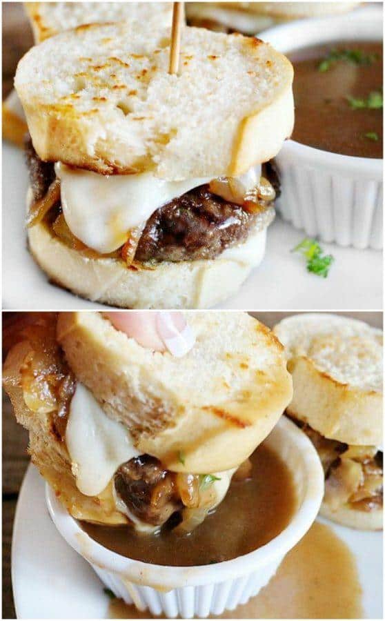 Beef sliders recipe with french bread crust dipping into au jus