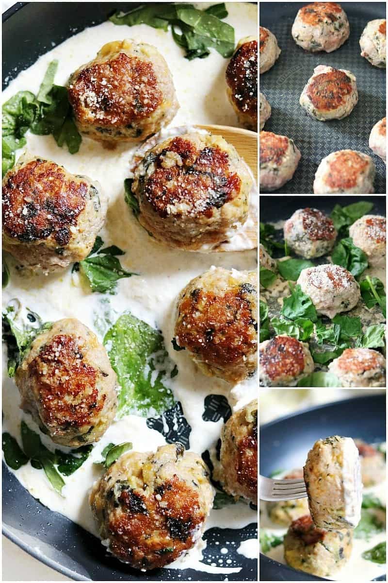 meatballs in skillet with spinach. 