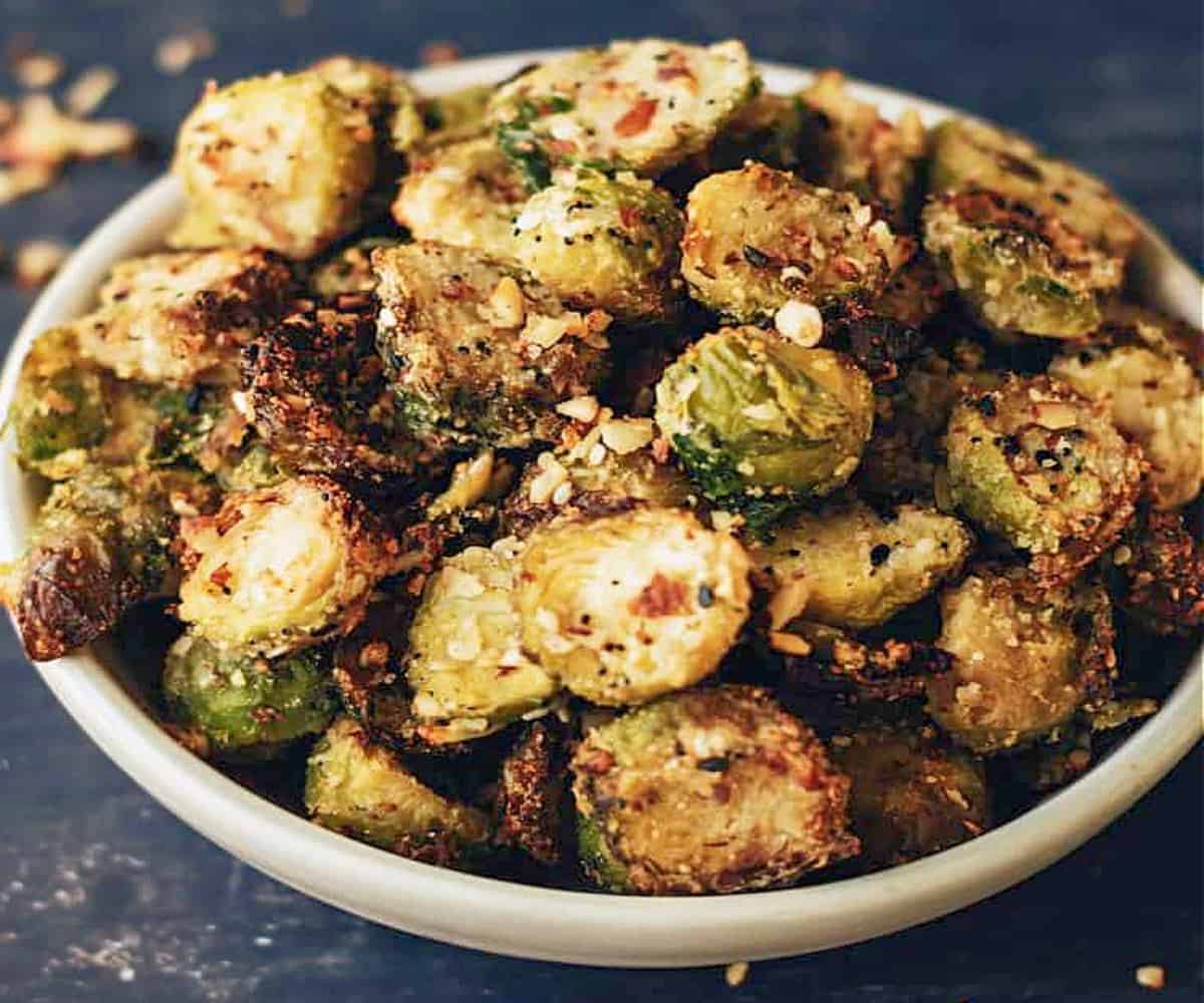 air fryer keto brussel sprouts in bowl.