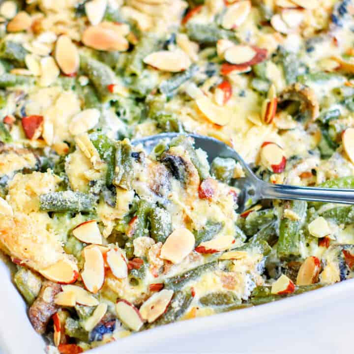 keto green bean casserole in dish.