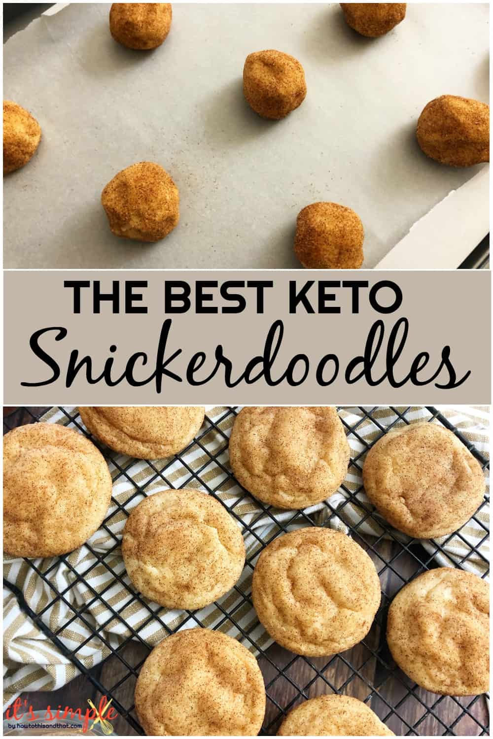 rolled cookie dough balls of almond flour snickerdoodles on a sheet pan and cooling rack.