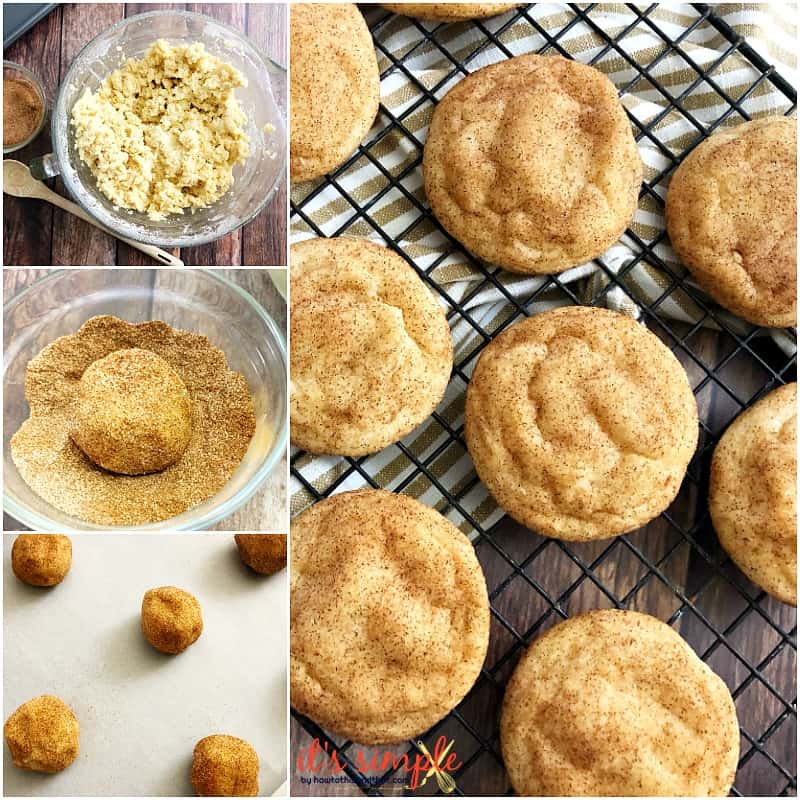 cookie dough in a bowl next to baked snickerdoodle cookies. 